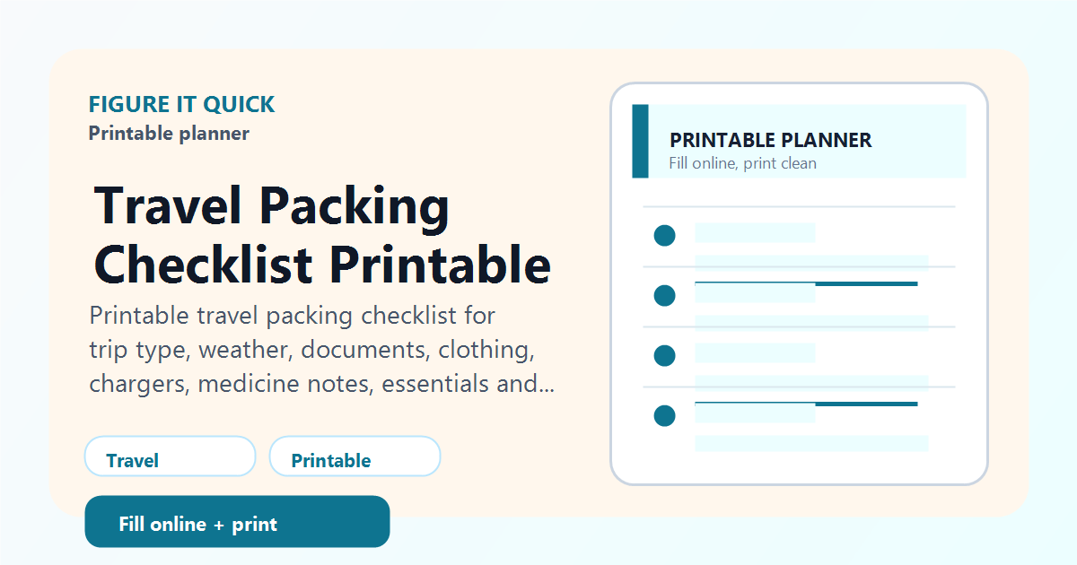 Preview of Travel Packing Checklist Printable printable sheet